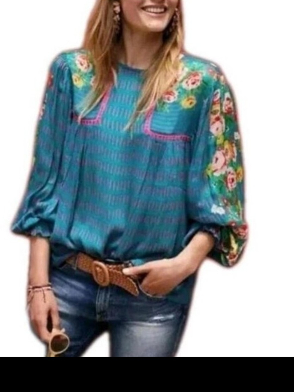 Bl^nk London for Anthropologie Miranda teal blue peasant blouse oversized small